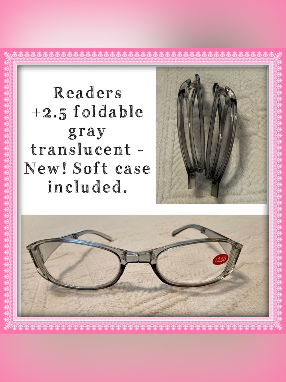 Readers eye glasses +2.5 foldable gray translucent - New! Soft case included
